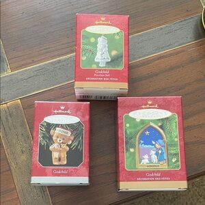 3 - Hallmark Godchild Keepsake Ornaments - Red and Green